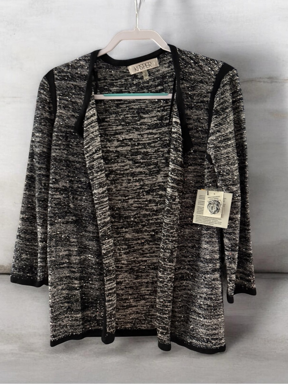 Kasper Black Silver Sequin Cardigan Sweater Small Open Front Metallic